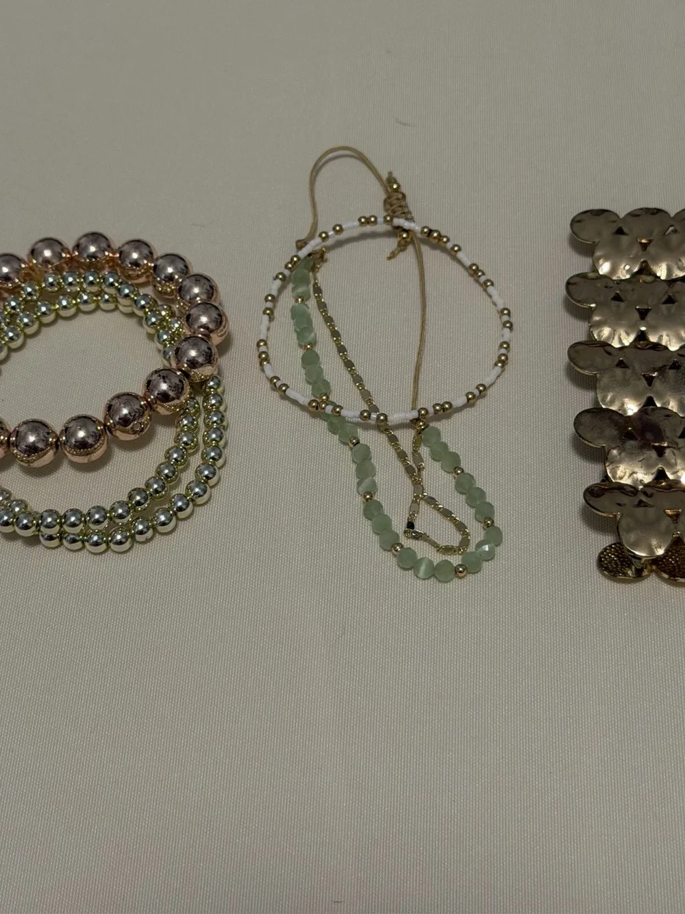 Green Beaded, Gold, and Silver Women's Bracelets (3 Sets and 1 Single Chunky)